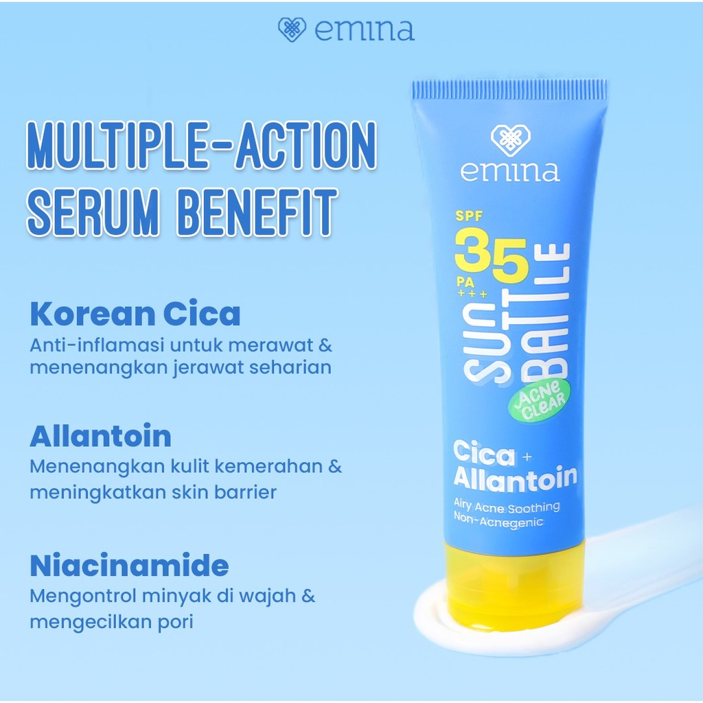 [SPECIAL 11.11] NEW! Emina Sun Battle SPF 35 PA +++ Acne Clear Cica + Allantoin Airy Acne Soothing 50 ml - Sunscreen untuk Melindungi dari sinar UV untuk Kulit Berminyak, Berjerawat, Sensitif. Ringan, no whitecast, fresh. Teruji in-vivo non-acnegenic