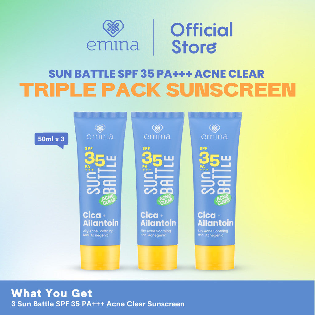NEW! Emina Max Protection Emina Sun Battle SPF 35 PA+++ Acne Clear Cica + Allantoin Airy Acne Soothing 50ml & Sun Battle SPF 50 - Sunscreen Kulit Berminyak, Berjerawat, Sensitif. Ringan, no whitecast, fresh. Teruji in-vivo non-acnegenic & non-comedogenic