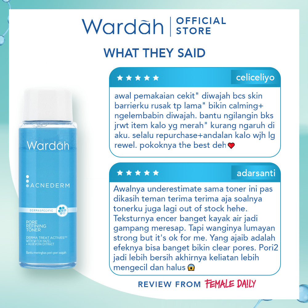 WARDAH 2% Witch Hazel + 1% Zinc Gluconate Acnederm Pore Refining Toner 100 ml - Toner Jerawat yang Mencerahkan Kulit, Menyamarkan Noda Bekas Jerawat - Mengurangi Kemerahan dan Mengontrol Minyak Berlebih - Skincare