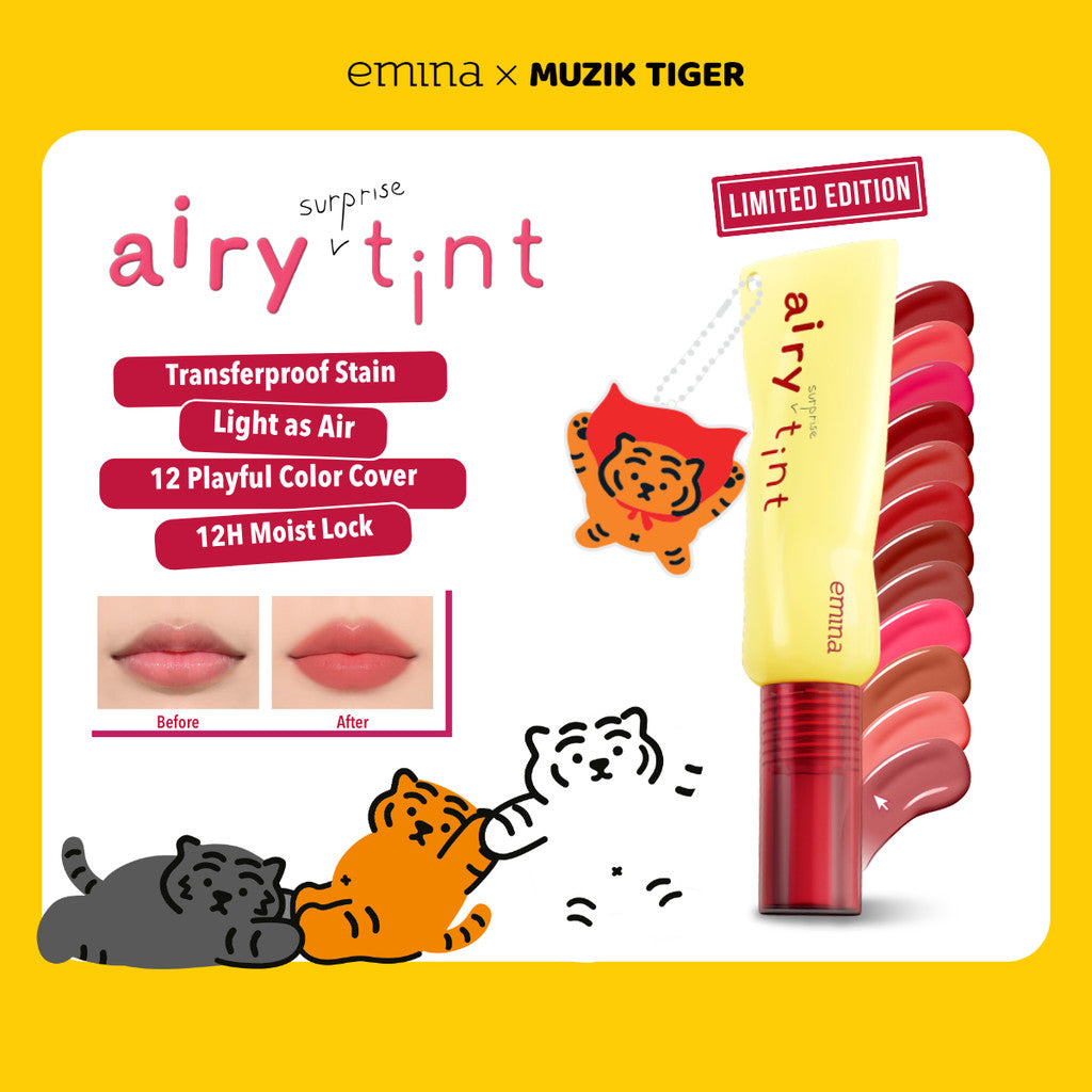 EMINA X MUZIK TIGER SERIES - Emina Airy Surprise Tint, Glossy Stain, Cheek Lit Pressed Blush, Lip Mask