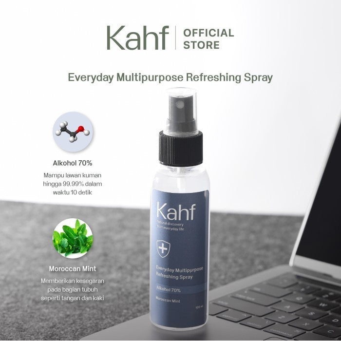 Kahf Everyday Multipurpose Refreshing Spray 100 ml - Spray Higienis Anti Bakteri Menyegarkan dan Mengurangi Aroma Tidak Sedap pada Tangan dan Kaki - Semprotan Disinfektan Antiseptik Membasmi Kuman dan Jamur dalam 10 Detik