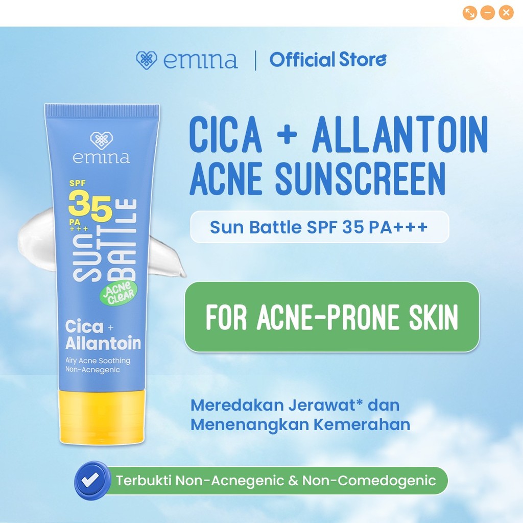 [SPECIAL 11.11] NEW! Emina Sun Battle SPF 35 PA +++ Acne Clear Cica + Allantoin Airy Acne Soothing 50 ml - Sunscreen untuk Melindungi dari sinar UV untuk Kulit Berminyak, Berjerawat, Sensitif. Ringan, no whitecast, fresh. Teruji in-vivo non-acnegenic