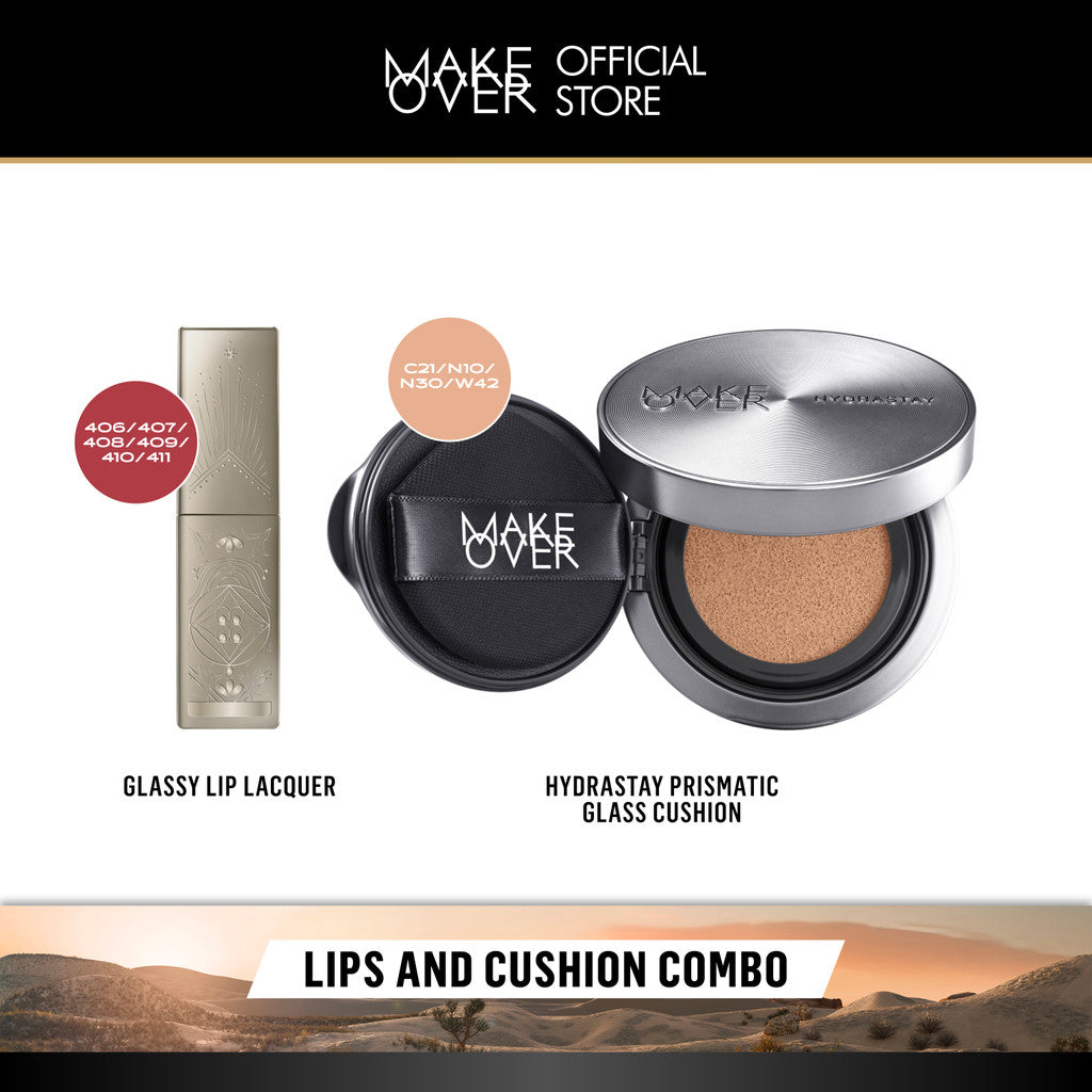 [LIPS AND CUSHION COMBO] NEW SHADES MAKE OVER Glassy Lip Lacquer + Hydrastay Prismatic Glass Cushion -  Lip Gloss Lip Tint Lipcream Lip Cream Lipstick Make Up Pigmented Cushion Tahan Lama Glow