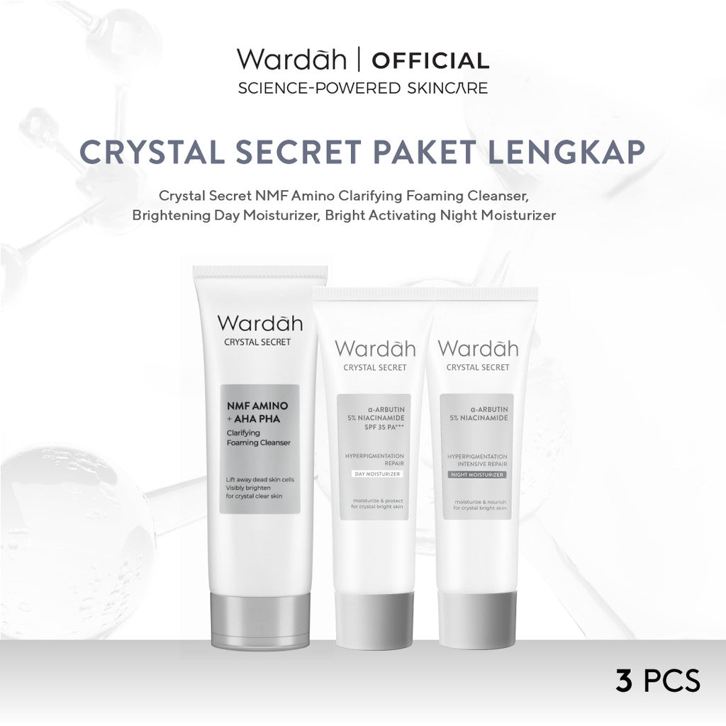 WARDAH Paket Crystal Secret Lengkap - NMF Amino + AHA PHA Clarifying Foaming Cleanser 100 m, a-Arbutin 5% Niacinamide Day Moisturizer 15 g, Bright-Peptide™ 5% Niacinamide Night Moisturizer 15 g - Perawatan Kulit Wajah Sebening Kristal - Skincare