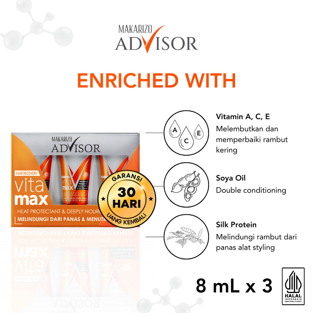PAKET KOMPLIT MAKSIMAL - Makarizo Advisor Clinical Shampoo 200mL, Hair & Scalp Tonic 145mL, Vitamax 8mLx3, Hair Repair Mask 45mL, Anti Frizz 70mL