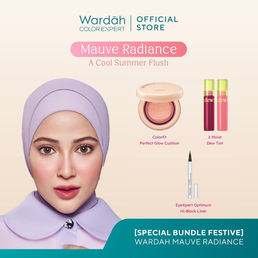 WARDAH Mauve Radiance – A Cool Summer Flush – Colorfit Perfect Glow Cushion, Ombre Moist Dew Tint, EyeXpert Optimum Hi-Black Liner - Makeup - Tahan Lama dengan Bedak