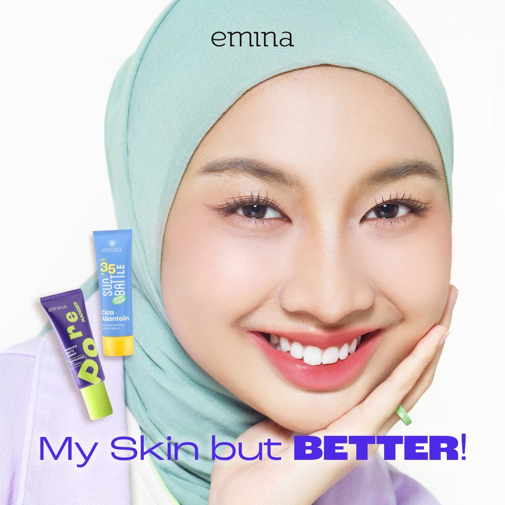NEW! Emina Protect Glow Set (Sunscreen + Primer) Sun Battle SPF 35 PA +++ Acne Clear Cica + Allantoin Airy Acne Soothing, Emina Pore Ranger 20 ml -Sunscreen for Acne Prone - Glowing, Mencerahkan, Merawat Jerawat, Skin Barrier, Melembabkan, Ringan