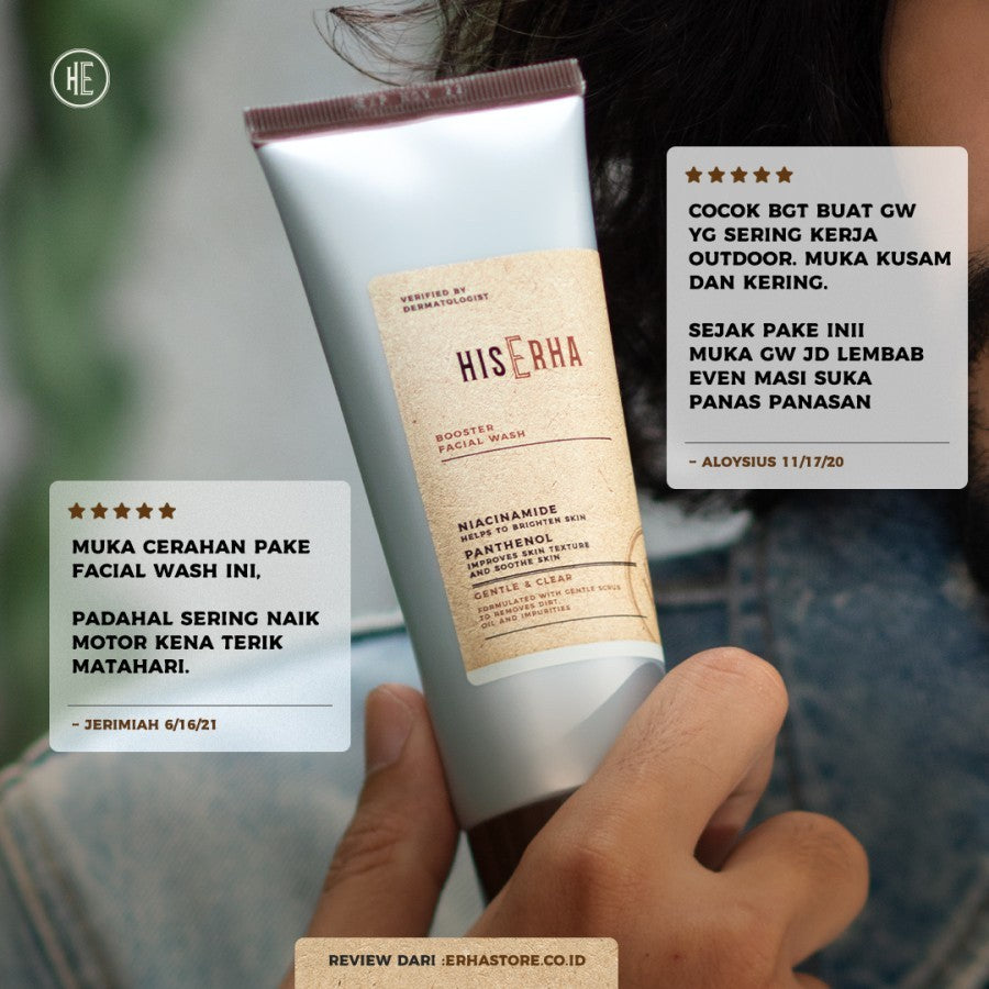 HIS ERHA Brightening Booster Facial Wash 100G (2pcs) - Sabun Cuci Muka Pria untuk Mencerahkan wajah, Angkat Kulit Kusam, Lembap, Tanpa Rasa Ketarik, Tanpa Iritasi, Wangi Segar Maskulin, Verified by Dermatologist, 4% Niacinamide & Sferis Gentle Scrub