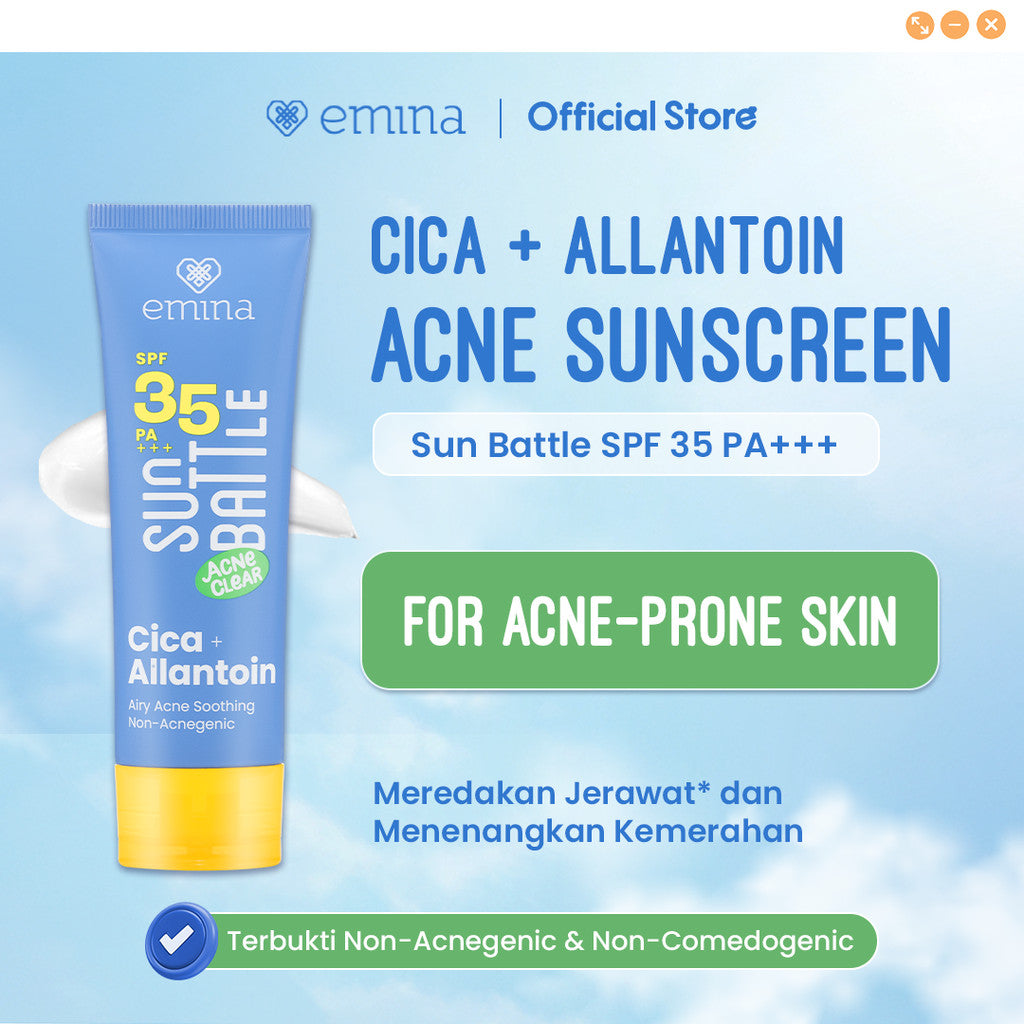 [Twin Pack] NEW! Emina Sun Battle SPF 35 PA+++ Acne Clear Cica + Allantoin Airy Acne Soothing 50ml - Sunscreen untuk Kulit Berminyak