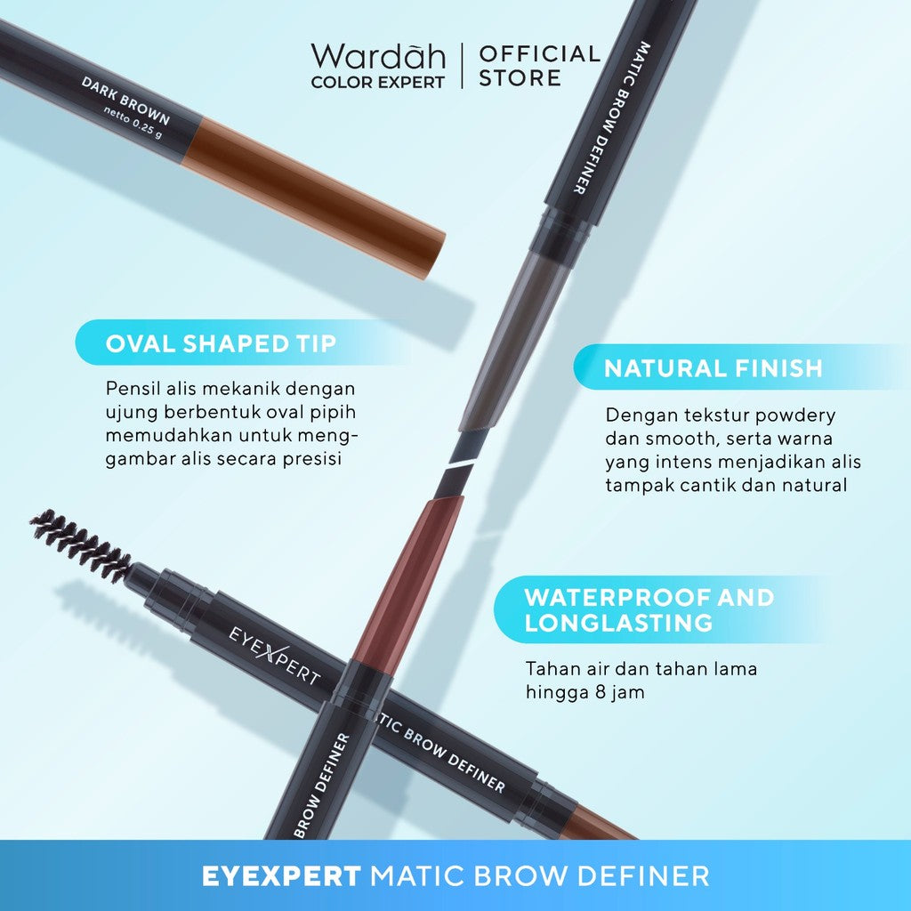 WARDAH EyeXpert Matic Brow Definer - Pensil Alis Anti Air dan Tahan Lama Hingga 8 Jam - Mudah Digunakan dengan Teksur Powdery - Wudhu Friendly - Makeup