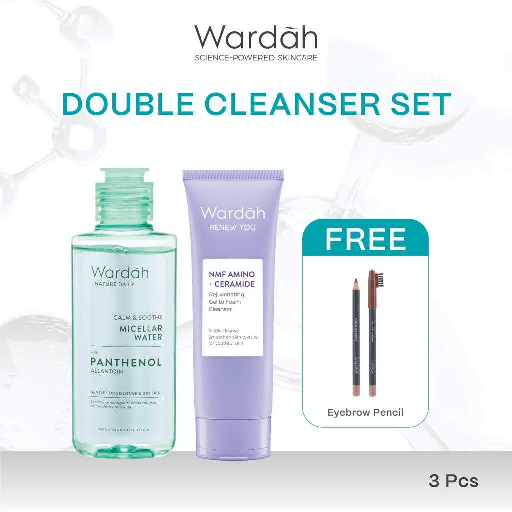 Wardah Paket Double Cleanser Micellar Water 100 ml + Gel Cleanser Acnederm - Untuk Kulit Wajah yang Lebih Bersih - Skincare