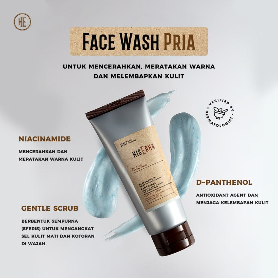 HIS ERHA Brightening Booster Facial Wash 100G (2pcs) - Sabun Cuci Muka Pria untuk Mencerahkan wajah, Angkat Kulit Kusam, Lembap, Tanpa Rasa Ketarik, Tanpa Iritasi, Wangi Segar Maskulin, Verified by Dermatologist, 4% Niacinamide & Sferis Gentle Scrub