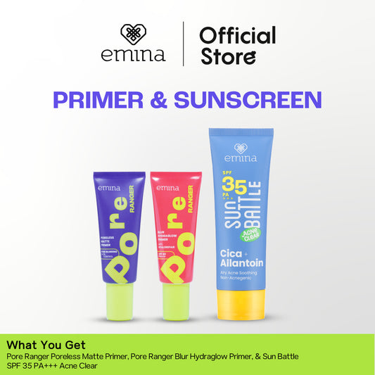 NEW! Emina Protect Glow Set (Sunscreen + Primer) Sun Battle SPF 35 PA +++ Acne Clear Cica + Allantoin Airy Acne Soothing, Emina Pore Ranger 20 ml -Sunscreen for Acne Prone - Glowing, Mencerahkan, Merawat Jerawat, Skin Barrier, Melembabkan, Ringan