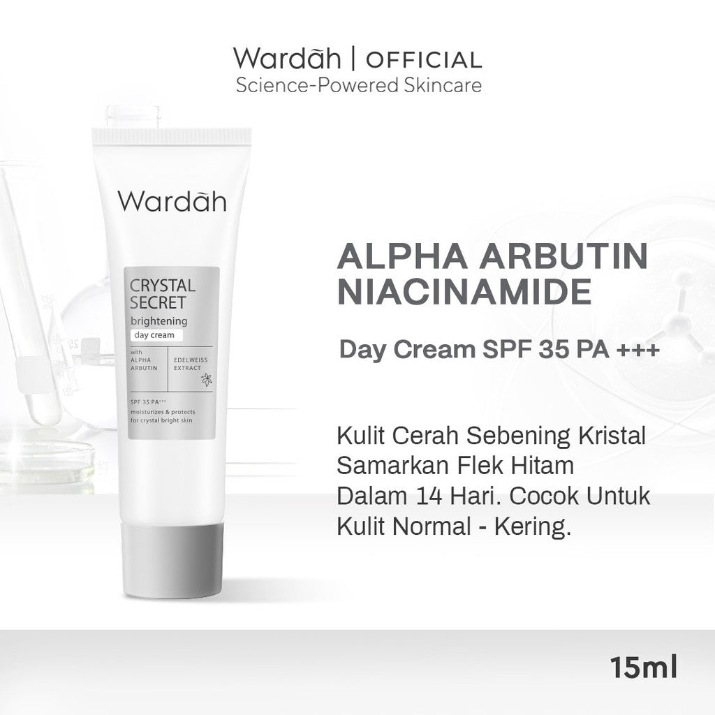WARDAH Paket Crystal Secret Lengkap - NMF Amino + AHA PHA Clarifying Foaming Cleanser 100 m, a-Arbutin 5% Niacinamide Day Moisturizer 15 g, Bright-Peptide™ 5% Niacinamide Night Moisturizer 15 g - Perawatan Kulit Wajah Sebening Kristal - Skincare