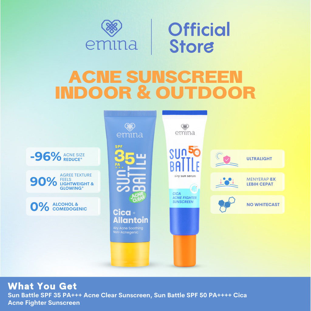 NEW! Emina Max Protection Emina Sun Battle SPF 35 PA+++ Acne Clear Cica + Allantoin Airy Acne Soothing 50ml & Sun Battle SPF 50 - Sunscreen Kulit Berminyak, Berjerawat, Sensitif. Ringan, no whitecast, fresh. Teruji in-vivo non-acnegenic & non-comedogenic