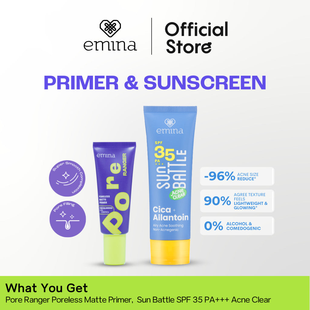 NEW! Emina Protect Glow Set (Sunscreen + Primer) Sun Battle SPF 35 PA +++ Acne Clear Cica + Allantoin Airy Acne Soothing, Emina Pore Ranger 20 ml -Sunscreen for Acne Prone - Glowing, Mencerahkan, Merawat Jerawat, Skin Barrier, Melembabkan, Ringan
