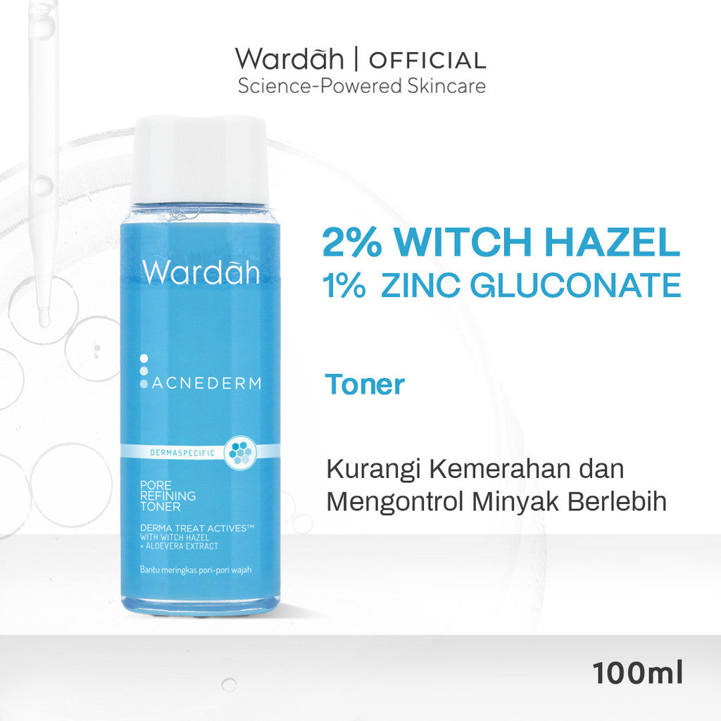 WARDAH 2% Witch Hazel + 1% Zinc Gluconate Acnederm Pore Refining Toner 100 ml - Toner Jerawat yang Mencerahkan Kulit, Menyamarkan Noda Bekas Jerawat - Mengurangi Kemerahan dan Mengontrol Minyak Berlebih - Skincare