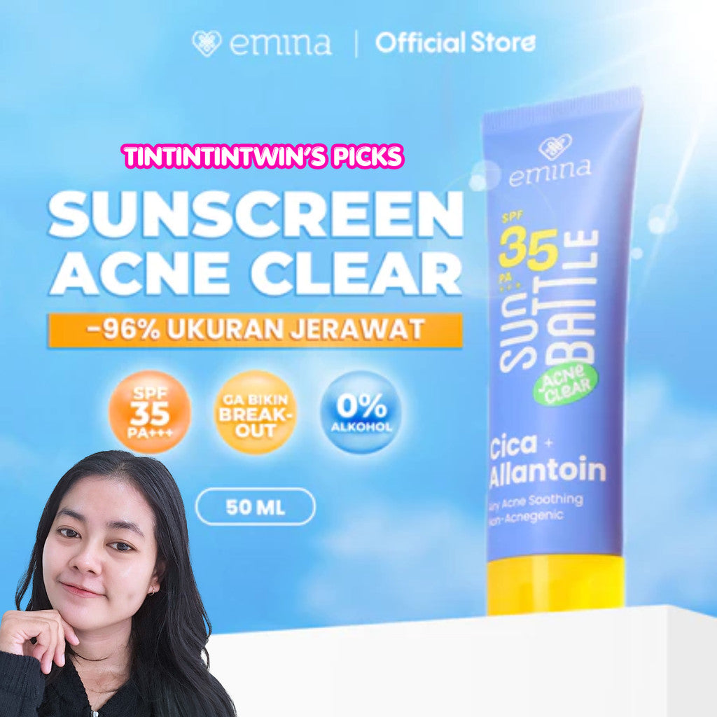 [TINTINTINWIN'S PICKS] Emina Sun Battle SPF 35 PA +++ Acne Clear Cica + Allantoin Airy Acne Soothing 50 ml - Sunscreen untuk Melindungi dari sinar UV untuk Kulit Berminyak, Berjerawat, Sensitif. Ringan. Teruji in-vivo non-acnegenic & non-comedogenic