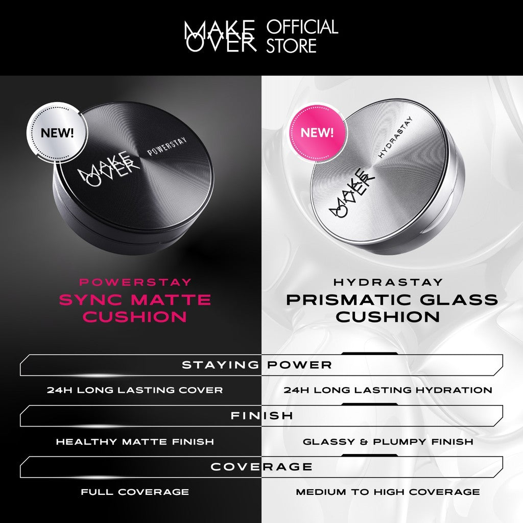 [TINTINTINWIN'S PICKS] NEW! MAKE OVER Hydrastay Prismatic Glass Cushion - Glow Cushion Plumpy Tahan Cuaca Panas Lembab Anti Crack Smudgeproof Tidak Cakey Tidak Crease High Coverage Tahan Banting Radiant Foundation Compact Makeup Concealer