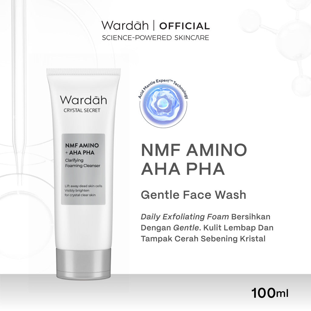 WARDAH Paket Crystal Secret Lengkap - NMF Amino + AHA PHA Clarifying Foaming Cleanser 100 m, a-Arbutin 5% Niacinamide Day Moisturizer 15 g, Bright-Peptide™ 5% Niacinamide Night Moisturizer 15 g - Perawatan Kulit Wajah Sebening Kristal - Skincare