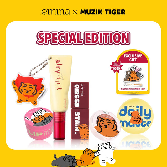 EMINA X MUZIK TIGER SERIES - Emina Airy Surprise Tint, Glossy Stain, Cheek Lit Pressed Blush, Lip Mask