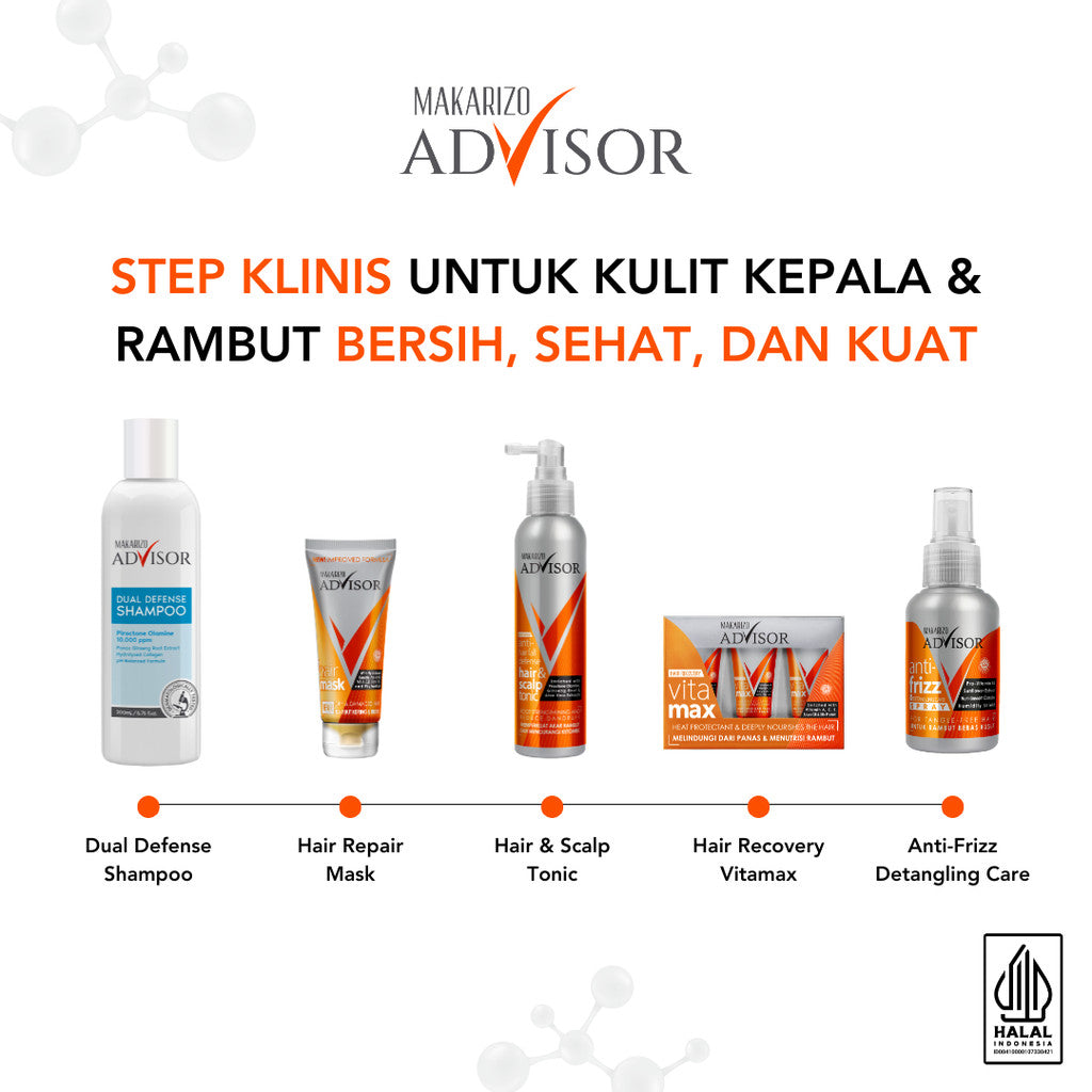 PAKET KOMPLIT MAKSIMAL - Makarizo Advisor Clinical Shampoo 200mL, Hair & Scalp Tonic 145mL, Vitamax 8mLx3, Hair Repair Mask 45mL, Anti Frizz 70mL