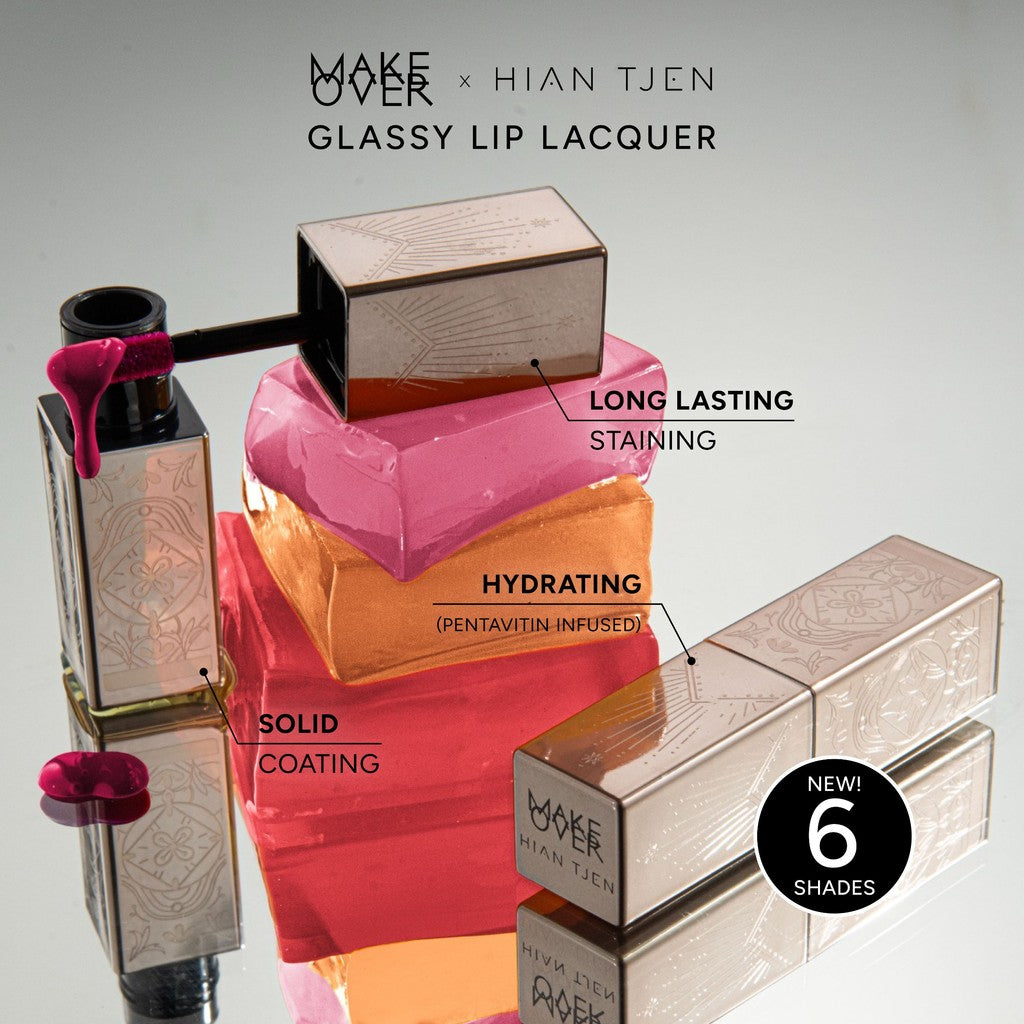 [LIPS AND CUSHION COMBO] NEW SHADES MAKE OVER Glassy Lip Lacquer + Powerstay Sync Matte Cushion -  Lip Gloss Lip Tint Lipcream Lip Cream Lipstick Make Up Pigmented Cushion Tahan Lama Glow