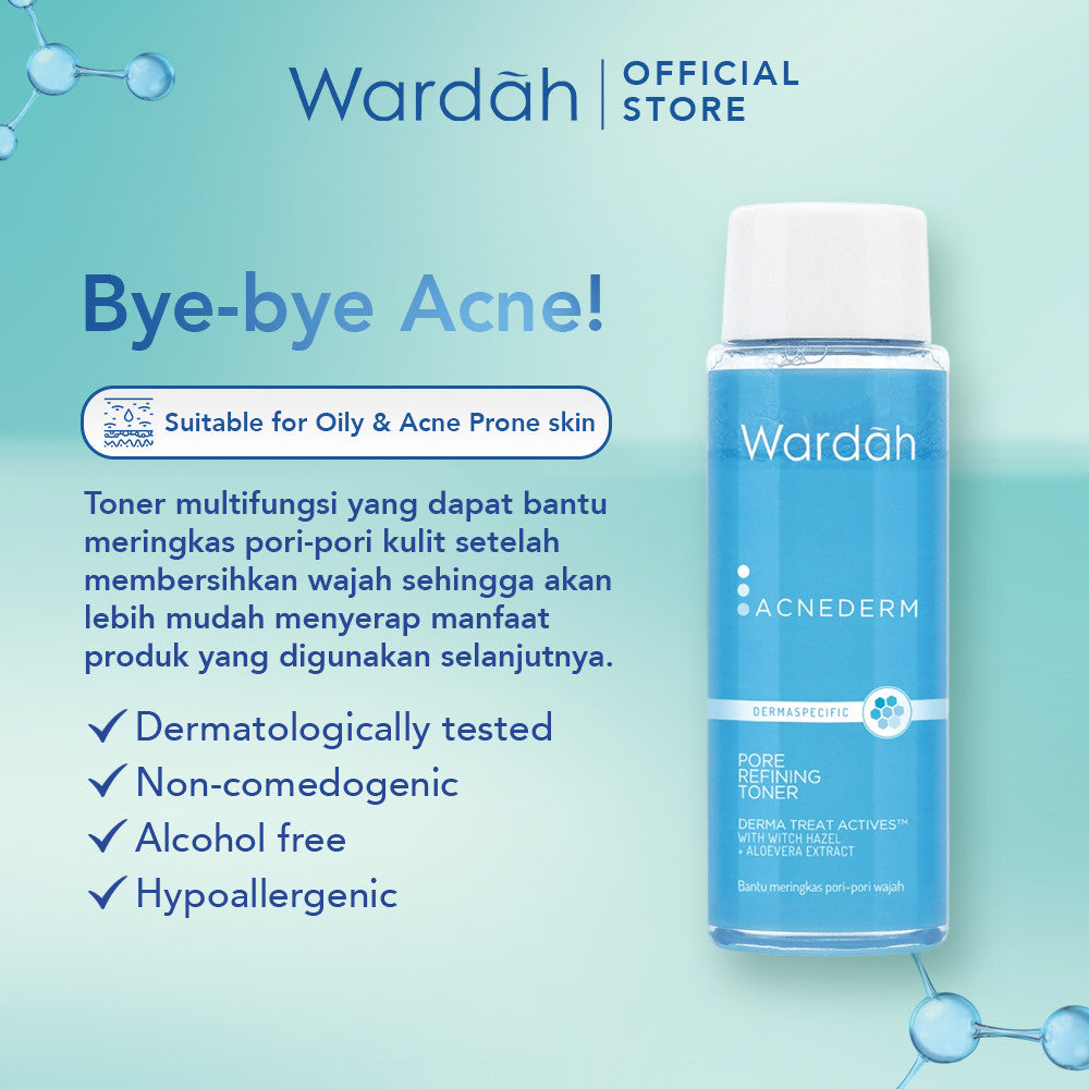WARDAH 2% Witch Hazel + 1% Zinc Gluconate Acnederm Pore Refining Toner 100 ml - Toner Jerawat yang Mencerahkan Kulit, Menyamarkan Noda Bekas Jerawat - Mengurangi Kemerahan dan Mengontrol Minyak Berlebih - Skincare