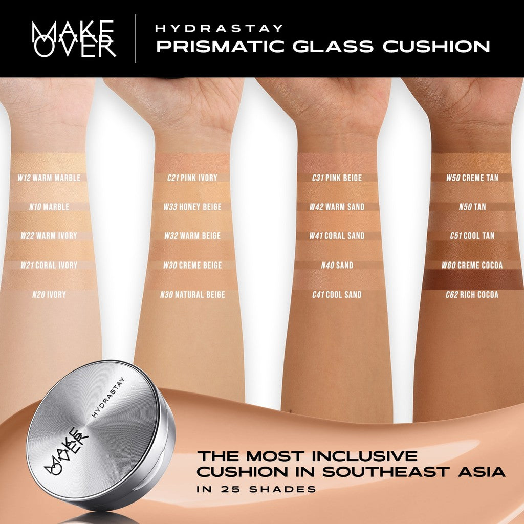 [TINTINTINWIN'S PICKS] NEW! MAKE OVER Hydrastay Prismatic Glass Cushion - Glow Cushion Plumpy Tahan Cuaca Panas Lembab Anti Crack Smudgeproof Tidak Cakey Tidak Crease High Coverage Tahan Banting Radiant Foundation Compact Makeup Concealer