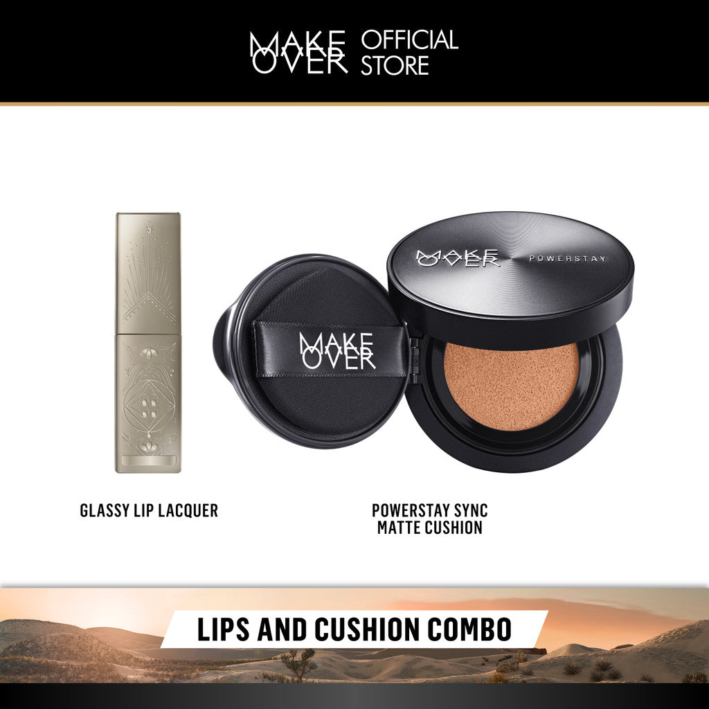 [LIPS AND CUSHION COMBO] NEW SHADES MAKE OVER Glassy Lip Lacquer + Powerstay Sync Matte Cushion -  Lip Gloss Lip Tint Lipcream Lip Cream Lipstick Make Up Pigmented Cushion Tahan Lama Glow