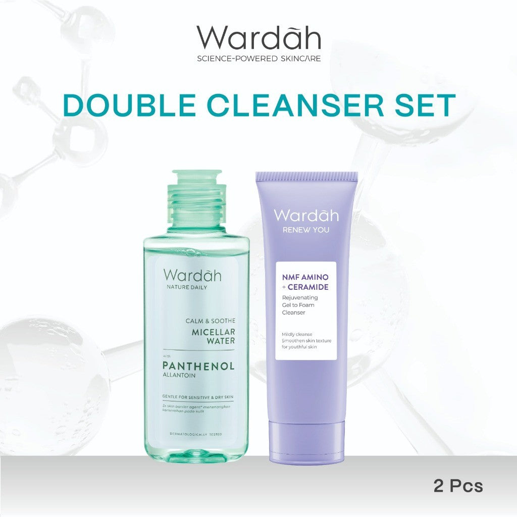 Wardah Paket Double Cleanser Micellar Water 100 ml + Gel Cleanser Acnederm - Untuk Kulit Wajah yang Lebih Bersih - Skincare