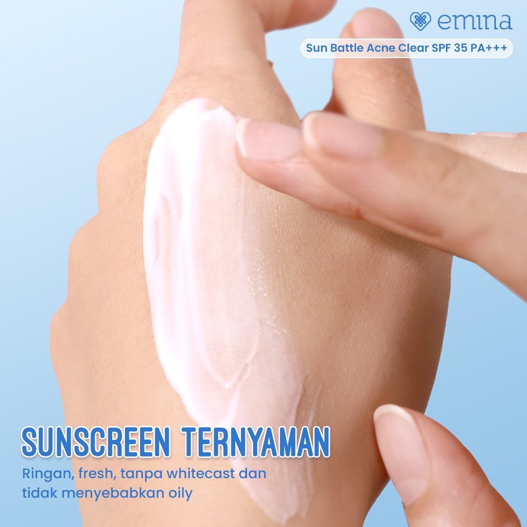 [SPECIAL 11.11] NEW! Emina Sun Battle SPF 35 PA +++ Acne Clear Cica + Allantoin Airy Acne Soothing 50 ml - Sunscreen untuk Melindungi dari sinar UV untuk Kulit Berminyak, Berjerawat, Sensitif. Ringan, no whitecast, fresh. Teruji in-vivo non-acnegenic