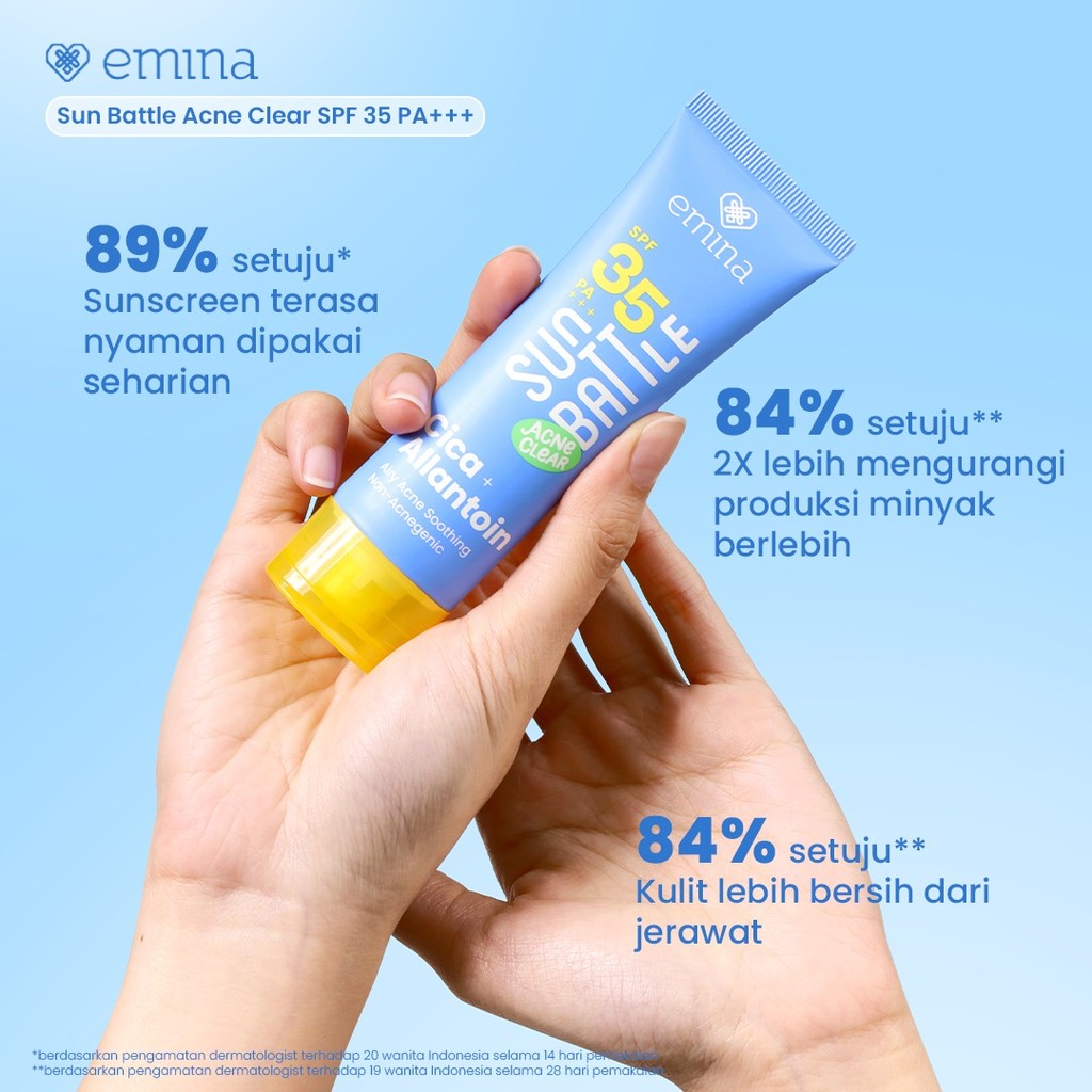 [SPECIAL 11.11] NEW! Emina Sun Battle SPF 35 PA +++ Acne Clear Cica + Allantoin Airy Acne Soothing 50 ml - Sunscreen untuk Melindungi dari sinar UV untuk Kulit Berminyak, Berjerawat, Sensitif. Ringan, no whitecast, fresh. Teruji in-vivo non-acnegenic