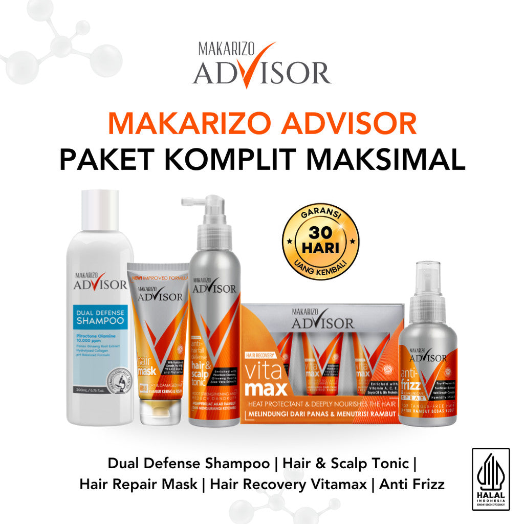 PAKET KOMPLIT MAKSIMAL - Makarizo Advisor Clinical Shampoo 200mL, Hair & Scalp Tonic 145mL, Vitamax 8mLx3, Hair Repair Mask 45mL, Anti Frizz 70mL