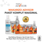 PAKET KOMPLIT MAKSIMAL - Makarizo Advisor Clinical Shampoo 200mL, Hair & Scalp Tonic 145mL, Vitamax 8mLx3, Hair Repair Mask 45mL, Anti Frizz 70mL