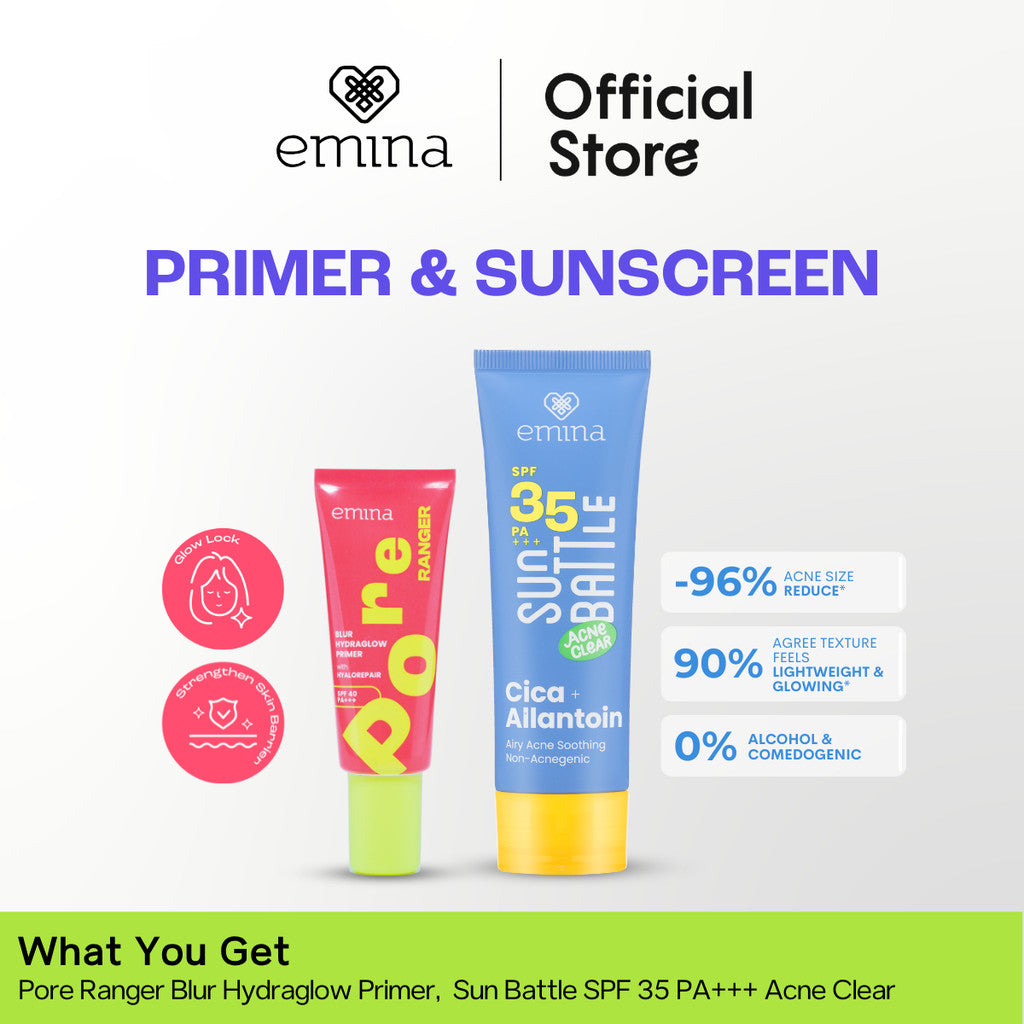 NEW! Emina Protect Glow Set (Sunscreen + Primer) Sun Battle SPF 35 PA +++ Acne Clear Cica + Allantoin Airy Acne Soothing, Emina Pore Ranger 20 ml -Sunscreen for Acne Prone - Glowing, Mencerahkan, Merawat Jerawat, Skin Barrier, Melembabkan, Ringan