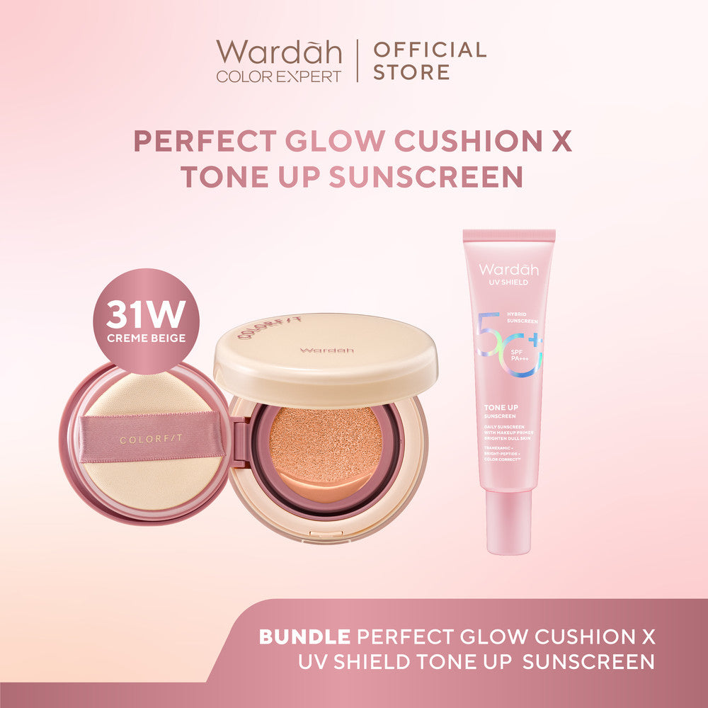 WARDAH Paket UV Shield Tone Up Sunscreen SPF 50+ PA+++ 30 ml + Colorfit Perfect Glow Cushion 15 g - Colorfit 5D Blur Cloud Cushion Matte Finish Tahan Lama Hingga 18 Jam dengan SPF 50 PA Skincare - Tahan Lama dengan Bedak