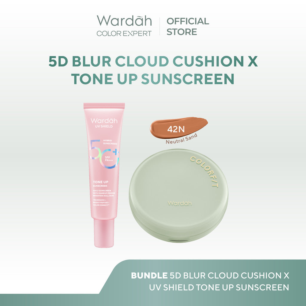 WARDAH Paket UV Shield Tone Up Sunscreen SPF 50+ PA+++ 30 ml + Colorfit Perfect Glow Cushion 15 g - Colorfit 5D Blur Cloud Cushion Matte Finish Tahan Lama Hingga 18 Jam dengan SPF 50 PA Skincare - Tahan Lama dengan Bedak