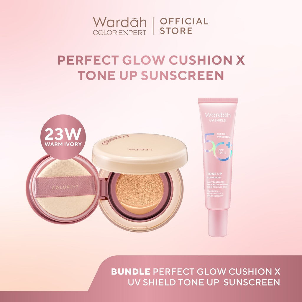 WARDAH Paket UV Shield Tone Up Sunscreen SPF 50+ PA+++ 30 ml + Colorfit Perfect Glow Cushion 15 g - Colorfit 5D Blur Cloud Cushion Matte Finish Tahan Lama Hingga 18 Jam dengan SPF 50 PA Skincare - Tahan Lama dengan Bedak