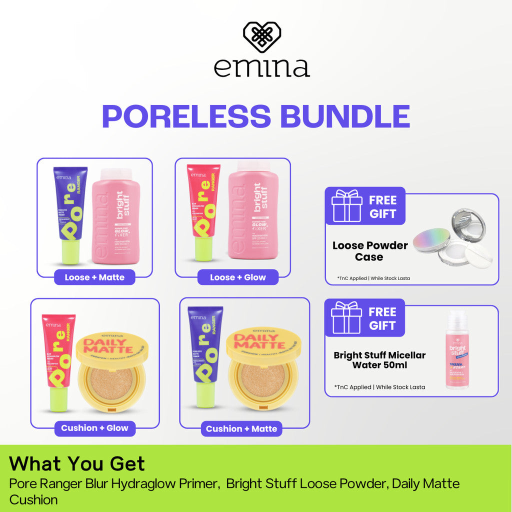 Emina Glow & Fresh - Emina Primer Pore Ranger Total Poreless, Pore Ranger Blur Hydraglow, Loose Powder, Daily Matte Cushion, FREE Bright Stuff Micellar Water 50ml - Blurring, Smooth, Make Up lebih tahan lama