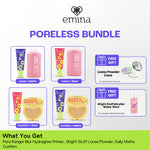 Emina Glow & Fresh - Emina Primer Pore Ranger Total Poreless, Pore Ranger Blur Hydraglow, Loose Powder, Daily Matte Cushion, FREE Bright Stuff Micellar Water 50ml - Blurring, Smooth, Make Up lebih tahan lama