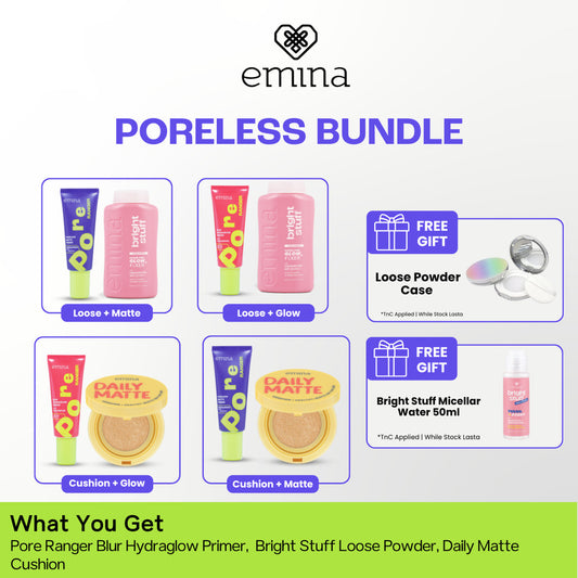 Emina Glow & Fresh - Emina Primer Pore Ranger Total Poreless, Pore Ranger Blur Hydraglow, Loose Powder, Daily Matte Cushion, FREE Bright Stuff Micellar Water 50ml - Blurring, Smooth, Make Up lebih tahan lama