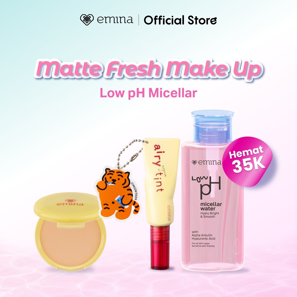 New! Emina 3in1 Set Makeup Lengkap - Emina Low pH Hyalubright Micellar Water + Compact Powder Bedak Padat Matte Finish, Airy Surprise Tint - Compact Powder, Bedak Padat, Matte, Cleanser, Micellar Water, Lip Tint