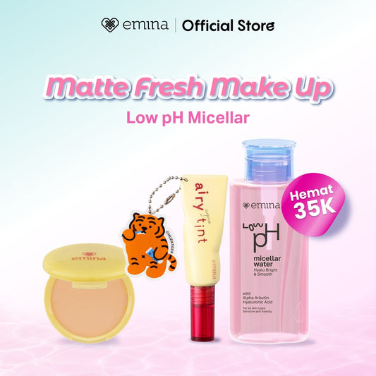 New! Emina 3in1 Set Makeup Lengkap - Emina Low pH Hyalubright Micellar Water + Compact Powder Bedak Padat Matte Finish, Airy Surprise Tint - Compact Powder, Bedak Padat, Matte, Cleanser, Micellar Water, Lip Tint
