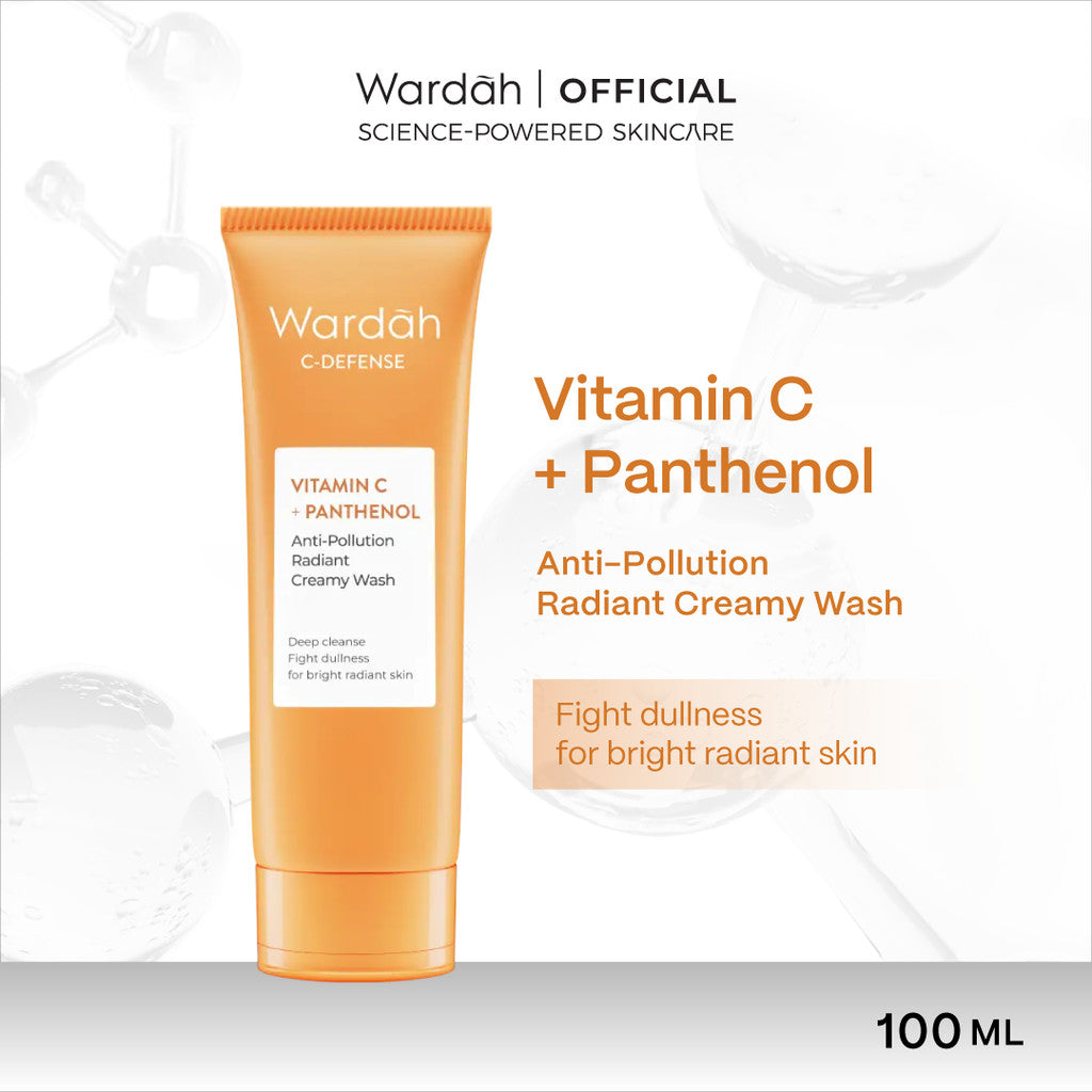 WARDAH C-Defense Vitamin C All Series Lengkap - Panthenol Anti-Pollution Radiant Creamy Wash, Energizing Whip Foam, Mousse Moisturizer, DD Cream Light/Natural, Face Mist, 10% Ferulic Acid Radiant Charge Serum - Skincare
