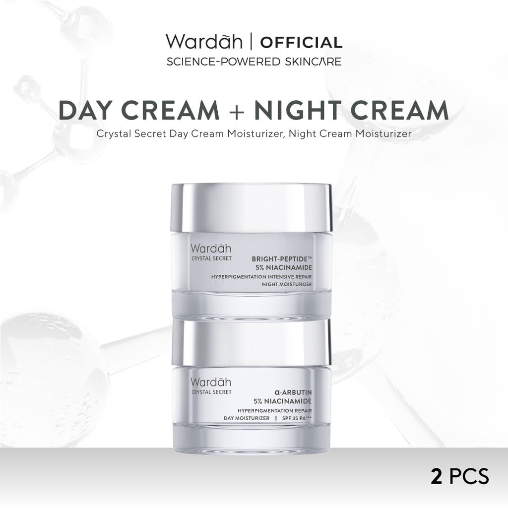 Wardah Crystal Secret Paket Brightening Day Cream + Night Cream 30g - Mencerahkan Wajah Kusam, Vitamin, Arbutin, Lightening, Dark - Skincare