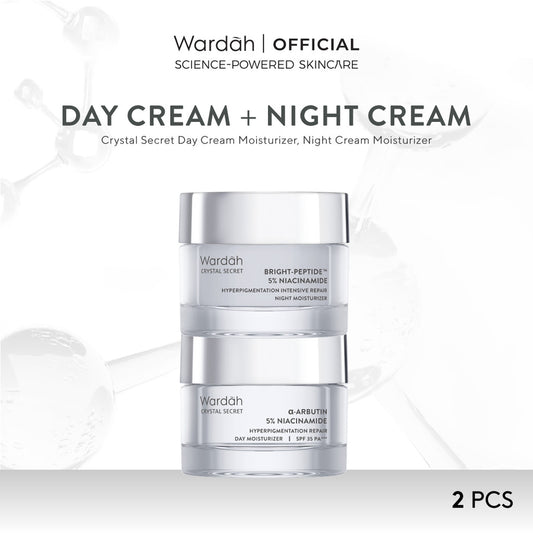 Wardah Crystal Secret Paket Brightening Day Cream + Night Cream 30g - Mencerahkan Wajah Kusam, Vitamin, Arbutin, Lightening, Dark - Skincare