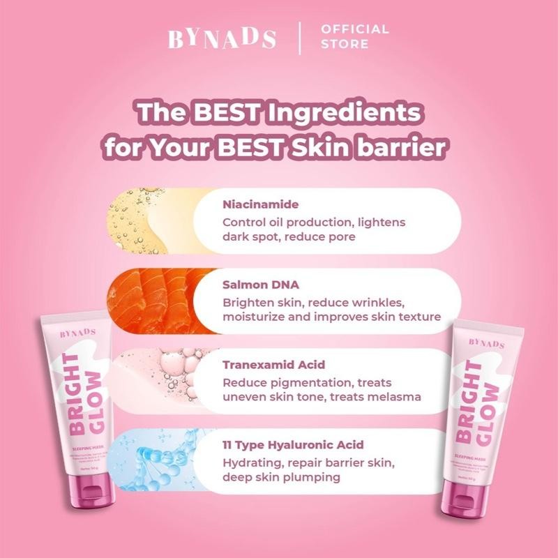 [2PCS] Bynads Bright Glow Sleeping Mask with 4% Niacinamide 3in1 SleepingMask Moisturizer Wash Off Mask Reformulasi Sleeping Mask Salmon DNA Bynads