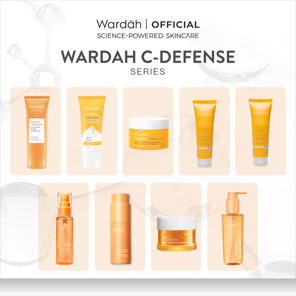 WARDAH C-Defense Vitamin C All Series Lengkap - Panthenol Anti-Pollution Radiant Creamy Wash, Energizing Whip Foam, Mousse Moisturizer, DD Cream Light/Natural, Face Mist, 10% Ferulic Acid Radiant Charge Serum - Skincare