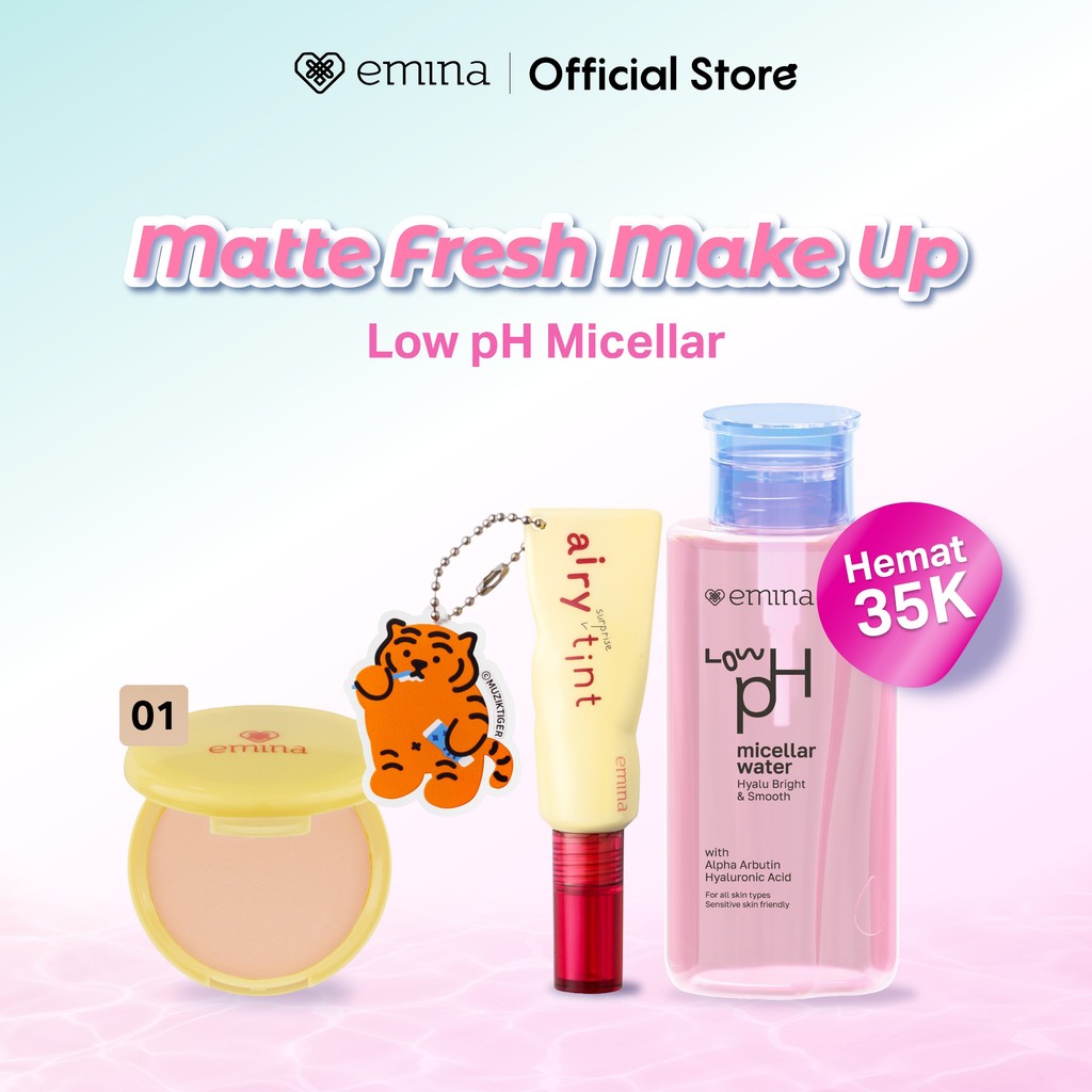 New! Emina 3in1 Set Makeup Lengkap - Emina Low pH Hyalubright Micellar Water + Compact Powder Bedak Padat Matte Finish, Airy Surprise Tint - Compact Powder, Bedak Padat, Matte, Cleanser, Micellar Water, Lip Tint